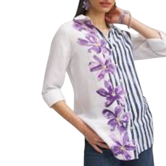 White /Purple 100% Linen Stripes And Floral Print Button Down Tunic Shirt Sz 16 - Picture 9 of 10